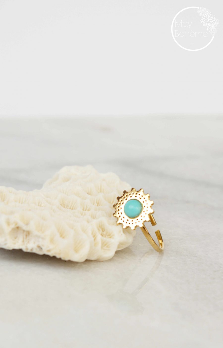 BAGUE SHANIA – Bague ajustable solaire pierre fine acier inoxydable doré