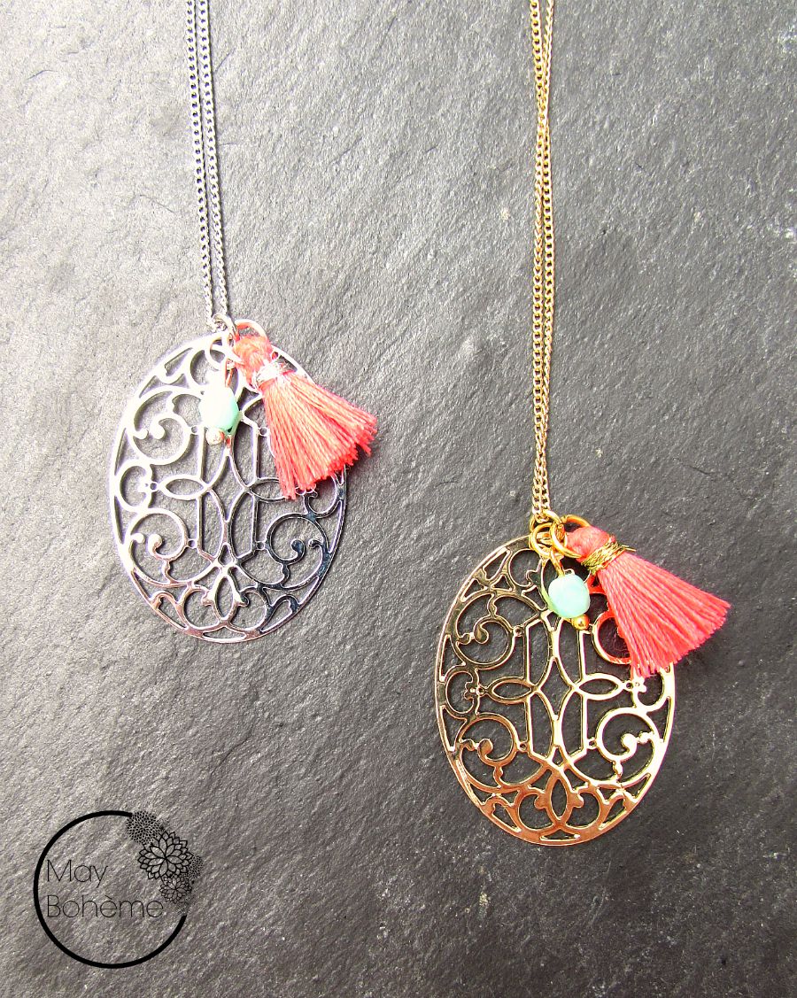 Collier NINA – Médaille orientale argentée, pompon, perle de bohème – Image 3