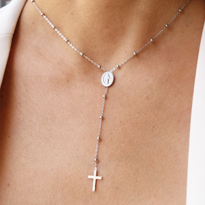 Collier Croix et Madone chaîne satellite argenté