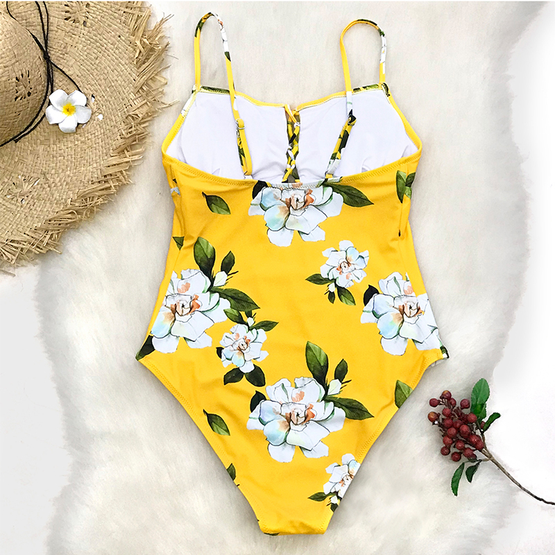 Maillot de Bain 1 Pièce Fleurs Jaune et Lacets – JASMINA – Image 5